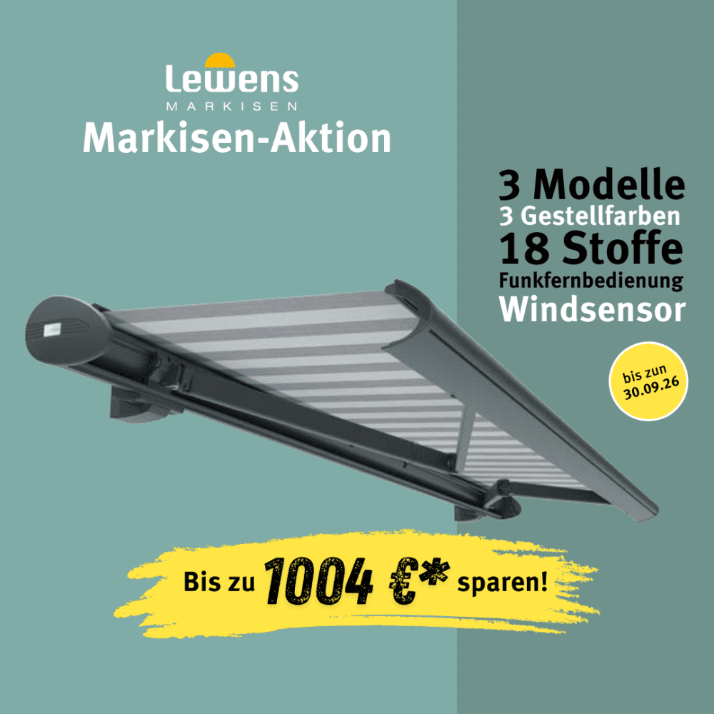 Lewens Markisen-Aktion – Markise für Terrasse oder Balkon mit Motor, Funkfernbedienung und Windsensor, bis zu 1.004 € Rabatt.